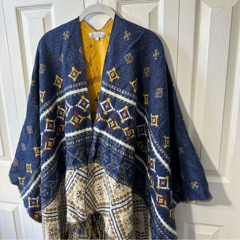 World Market Metallic Boho Fringe Shawl Open Front Poncho Duster Womens OS - Picture 2 of 8